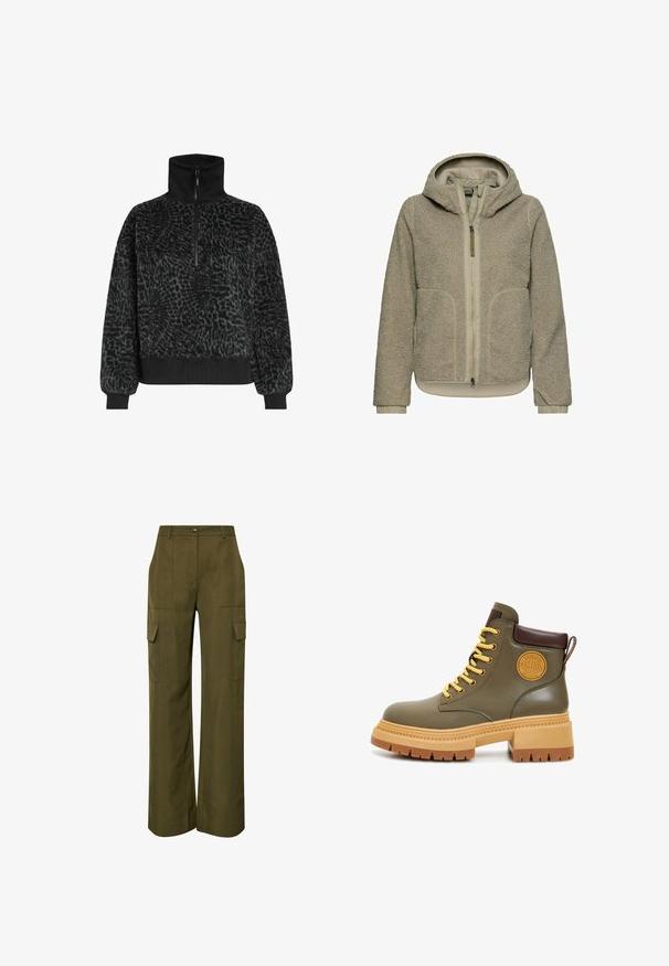Beige fleecejack met capuchon, voorzien van een ritssluiting aan de voorkant, twee zijzakken en elastische manchetten, gemaakt van dikke, gestructureerde sherpa-stof.; Zwarte textuur fleece pullover met een hoge kraag en een halve rits, voorzien van ribbelboorden en een zoom voor een snug fit.; Olijfgroene broek met wijde pijpen, gemaakt van een stof met een gladde textuur. Beschikt over twee cargozakken aan de voorkant en een knoopsluiting in de taille.; Groene leren enkelboot met gele veters, bruine accenten, een gestructureerde zool en een ronde neus. Heeft een cirkelvormig logo aan de zijkant.