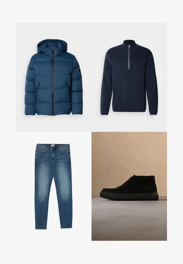 Veste matelassée bleue avec capuche, dotée d'une fermeture éclair à l'avant, de deux poches latérales et de sections matelassées pour l'isolation. Matériau lisse et résistant à l'eau.; Pull-over en maille bleu marine avec demi-fermeture éclair et col montant. Caractérisé par des manches longues et une texture lisse, avec des accents minimaux et sans motifs.; Jean en denim bleu moyen avec un délavage léger, design à cinq poches, coupe droite et accents cousus. Fermeture par bouton et zip.; Bottes de cheville noires en matériau doux, avec un bout rond, un lacet minimal, et une semelle en caoutchouc texturée comportant des rainures verticales.