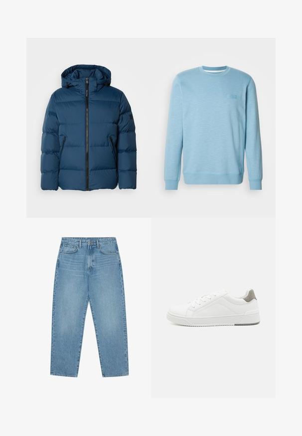 Blå pufferjakke med hætte, der har en frontlynlås, to sidelommer og quiltede sektioner til isolering. Glat, vandafvisende materiale.; Lys blå sweatshirt lavet af blanding af bomuld, med rund hals, lange ærmer, ribbede manchetter og et subtilt tekstureret mønster.; Lyseblå denimjeans med lige ben, fem-lomme design og en let falmet struktur. Indeholder knap- og lynlåslukning.; Hvid sneaker lavet af glat læder, rund tå, minimalistisk design, grå hælafsats og tekstureret gummisål.