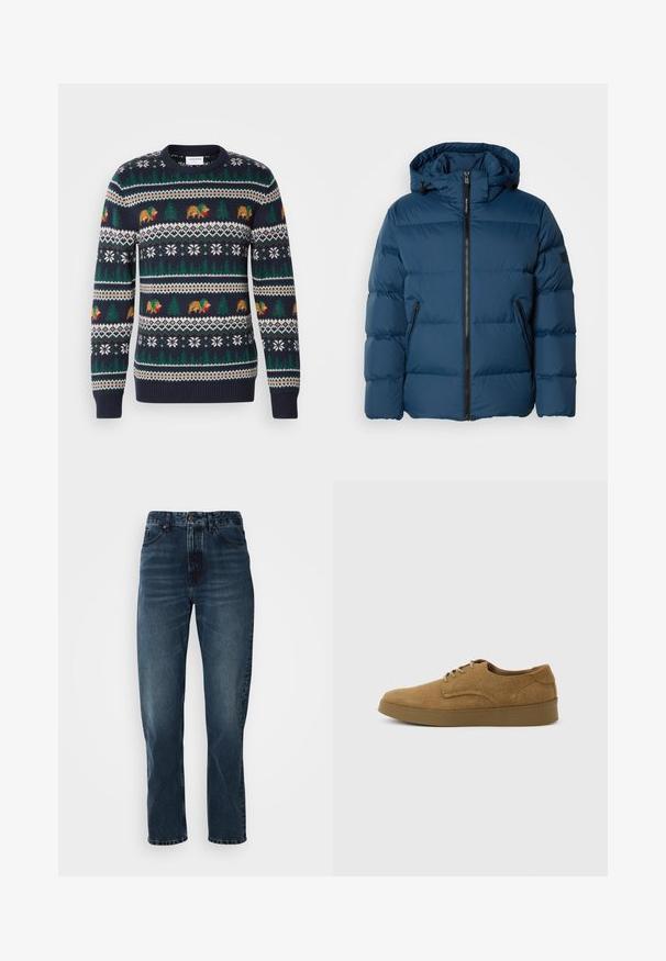 Veste matelassée bleue avec capuche, dotée d'une fermeture éclair à l'avant, de deux poches latérales et de sections matelassées pour l'isolation. Matériau lisse et résistant à l'eau.; Pull en tricot bleu marine avec un motif de vacances comprenant des ours, des arbres et des flocons de neige en vert, marron et blanc. Bords côtelés aux poignets et à l'ourlet.; Jeans droits bleu foncé avec fermeture à bouton et zip à l'avant, design à cinq poches, et subtile décoloration sur les cuisses et les genoux.; Chaussure décontractée à lacets en daim marron avec semelle en caoutchouc plate, vue de côté sur un fond clair uni.