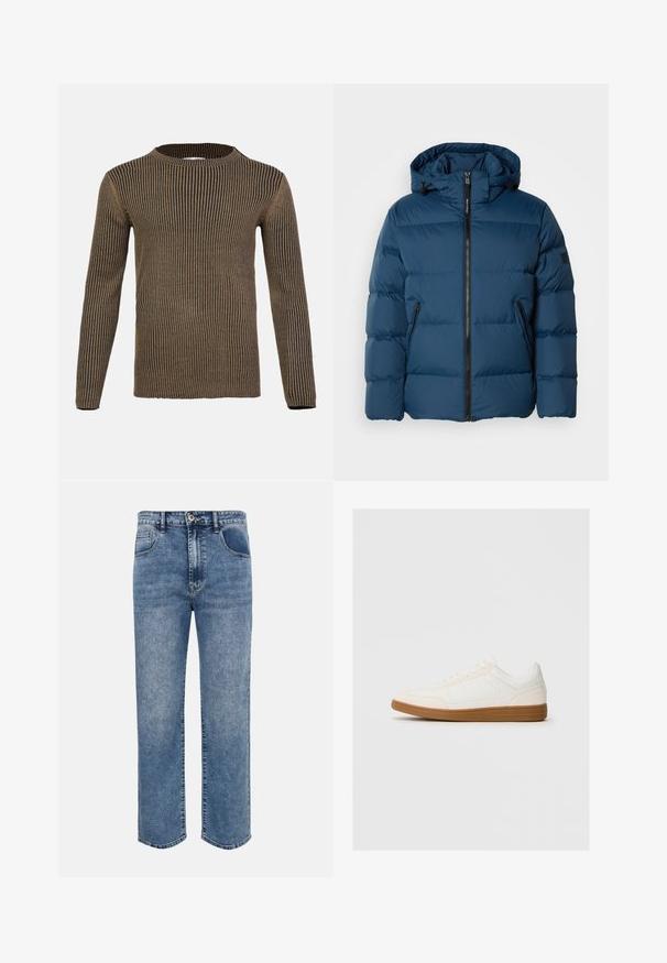 Blå pufferjakke med hætte, der har en frontlynlås, to sidelommer og quiltede sektioner til isolering. Glat, vandafvisende materiale.; Brun og sort stribet langærmet sweater med rund hals, ribbet tekstur og lige kant. Fremstillet af blødt, strikket materiale.; Blå denimjeans med lige ben, forlommer, bæltestropper, knaplukning og falmet vaskedetalje.; Hvide sneakers med en ruskind tåspids, glat syntetisk overdel og tan gummisål. Har perforeringer på siderne for åndbarhed.