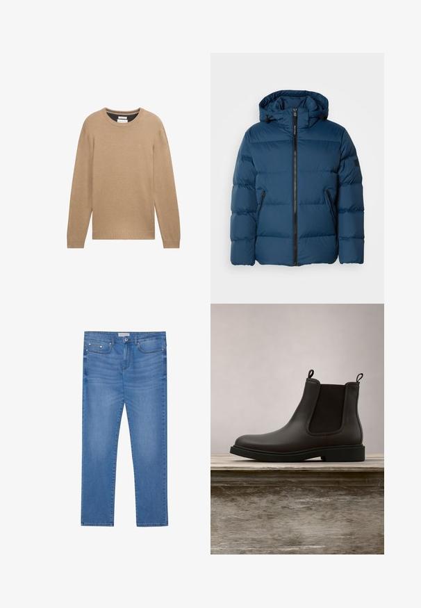 Veste matelassée bleue avec capuche, dotée d'une fermeture éclair à l'avant, de deux poches latérales et de sections matelassées pour l'isolation. Matériau lisse et résistant à l'eau.; Pull en tricot beige avec un col rond, des manches longues et des poignets et un ourlet côtelés. Présente un petit logo sur la poitrine.; Jeans en denim bleu clair avec une coupe droite, design à cinq poches, décoloration subtile et accents en métal au niveau de la taille et des poches.; Bottines Chelsea en cuir noir avec des panneaux élastiques sur les côtés et des languettes, flottant au-dessus d'un banc en bois en extérieur avec un fond d'herbe.