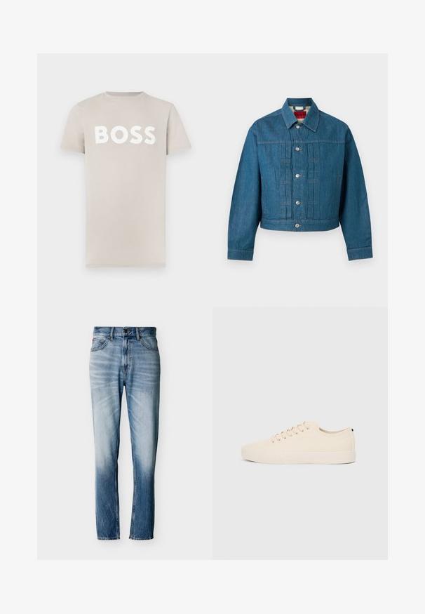 Veste en jean bleue à manches longues, fermeture par boutons, col et étiquette de marque visible à l'intérieur de la zone du cou.; T-shirt en coton beige clair à manches courtes et col rond. Présente un lettrage blanc audacieux "BOSS" sur la poitrine. Texture lisse.; Jean bleu délavé à coupe droite avec cinq poches, fermeture par bouton et passants pour ceinture, présenté à plat sur fond blanc.; Baskets en toile beige avec bout arrondi, semelle en caoutchouc plate et lacets à l'avant. Présente un design minimaliste et un accent noir contrastant au niveau du talon.