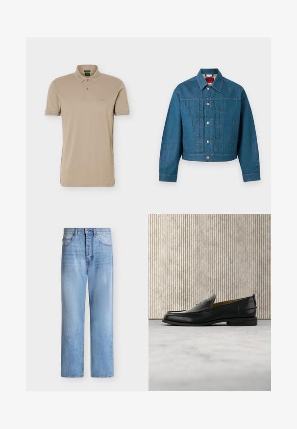 Veste en jean bleue à manches longues, fermeture par boutons, col et étiquette de marque visible à l'intérieur de la zone du cou.; Polo beige à manches courtes avec deux boutons et un petit logo embossé sur la poitrine gauche.; Jean droit en denim bleu clair avec fermeture par bouton et zip, poches avant et arrière, et passants de ceinture à la taille.; Mocassin pour homme en cuir noir avec un dessus embossé effet croco et un petit talon, présenté de profil sur un fond neutre.