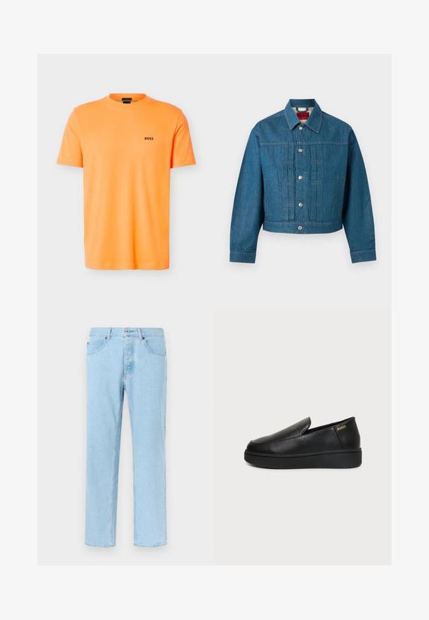 Veste en jean bleue à manches longues, fermeture par boutons, col et étiquette de marque visible à l'intérieur de la zone du cou.; T-shirt orange vif à manches courtes avec col rond, petit logo noir "BOSS" sur le côté gauche de la poitrine, design simple sur fond blanc.; Jean en denim bleu clair à jambes droites avec fermeture avant par bouton et fermeture éclair, poches avant et passants pour ceinture, présenté sur un fond uni.; Chaussure noire en cuir à enfiler avec semelle épaisse et petits trous de ventilation latéraux, avec un logo doré "HUGO" près du talon.