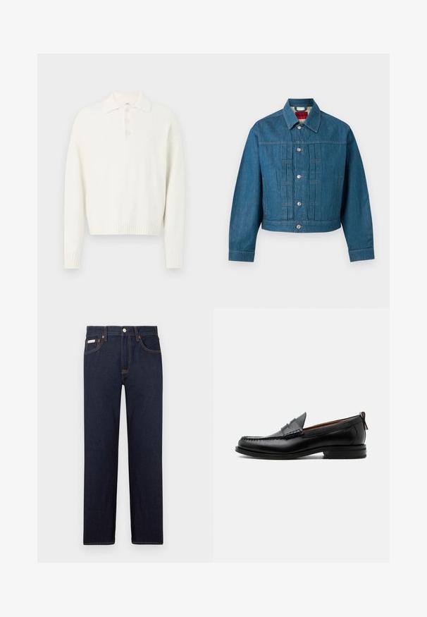 Blå denimjakke med lange ærmer, knaplukning, krave og synligt mærke inde i halsområdet.; Hvid pullover sweater med krave, tre knapper foran og ribbede manchetter og kant. Blødt, struktureret stof med en afslappet pasform.; Mørkeblå denimjeans med lige skæring, et klassisk fem-lomme design og kontrast orange syninger. Har en metal knaplukning.; Sort læder herre loafer med moc-tå syning, penny strop, struktureret krave og lav stablet hæl på hvid baggrund.