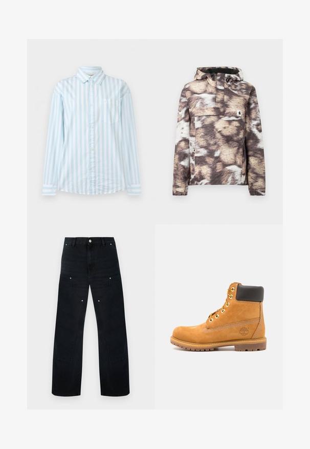 Veste-pull à capuche aux motifs marron et beige, avec une poche avant et des cordons réglables. Texture douce et manches longues.; Chemise à manches longues à rayures verticales bleu clair et blanches, avec une poche poitrine et un col classique.; Pantalon en denim noir à jambes larges avec une taille haute, présentant des coutures discrètes, deux poches avant et des accents de ferrures métalliques.; Bottine en cuir marron avec rembourrage noir, œillets dorés et semelle texturée. Présente un logo circulaire sur le côté et des accents de couture.