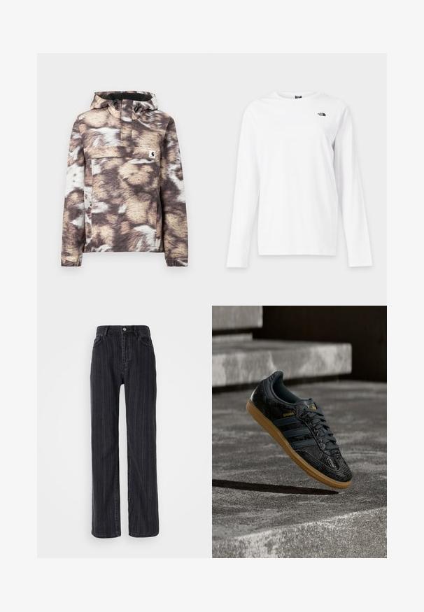 Brun og beige mønstret pullover-jakke med hætte, som har en frontlomme og justerbare snore. Blød tekstur og lange ærmer.; Hvid langærmet T-shirt med rund hals og lille sort The North Face-logo på venstre bryst.; Højtaljede sorte denimjeans med lodrette striber, lige ben og metalknaplukning fortil.; Sort Adidas Samba-sneaker med struktureret mønster, gummisål og guldlogo, placeret i luften over betontrin.