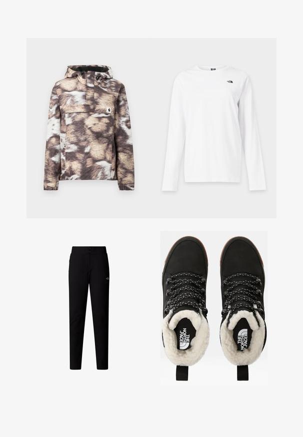 Brun og beige mønstret pullover-jakke med hætte, som har en frontlomme og justerbare snore. Blød tekstur og lange ærmer.; Hvid langærmet T-shirt med rund hals og lille sort The North Face-logo på venstre bryst.; The North Face W QUEST SOFTSHELL PANTS - Bukser - tnf black; Sorte vandtætte ankelstøvler med for af faux pels, tekstureret stof, snørebånd med hvidt og sort mønster samt en løkker ved hælen.