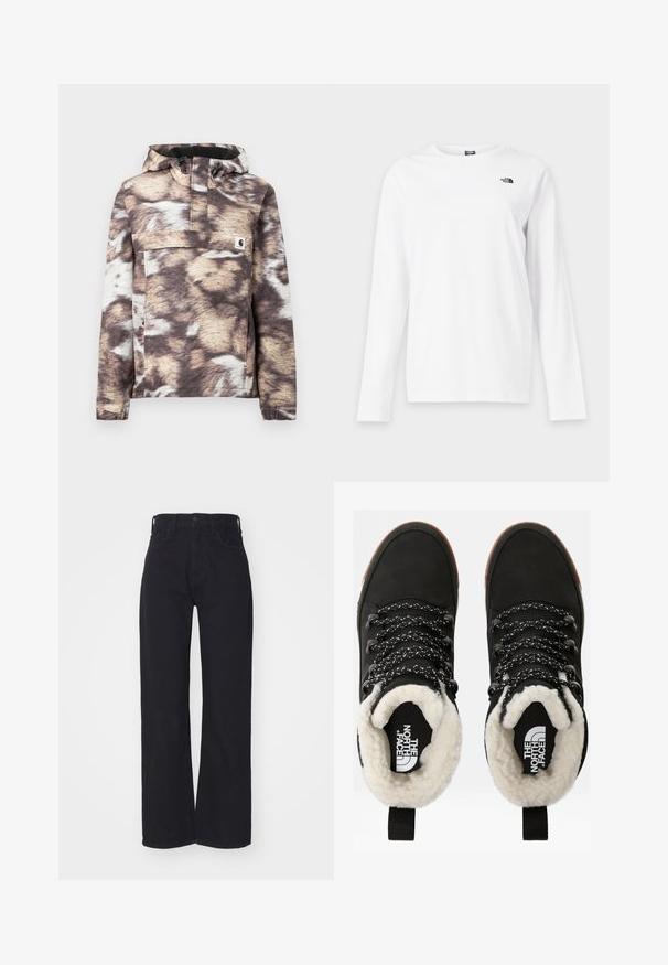 Brun og beige mønstret pullover-jakke med hætte, som har en frontlomme og justerbare snore. Blød tekstur og lange ærmer.; Hvid langærmet T-shirt med rund hals og lille sort The North Face-logo på venstre bryst.; Sorte højtaljede bredbenede jeans med frontknap og lynlås, bæltestropper og to forlommer på hvid baggrund.; Sorte vandtætte ankelstøvler med for af faux pels, tekstureret stof, snørebånd med hvidt og sort mønster samt en løkker ved hælen.