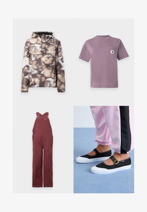 Brun og beige mønstret pullover-jakke med hætte, som har en frontlomme og justerbare snore. Blød tekstur og lange ærmer.; Lilla bomulds T-shirt med rund hals, korte ærmer og en lomme på venstre bryst med et logo mærke. Glat tekstur, afslappet pasform.; Vinsmænds overalls lavet af bomuld, med krydsede rygstropper, forlommer og metalhardware-accenter. Glat tekstur og afslappet pasform.; Sorte lærredssko med en hvid sål, der har et udskæringsdesign og et guldspænde. Bæret med lyserøde træningsbukser.