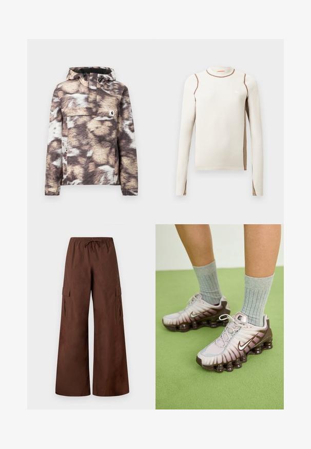 Brun og beige mønstret pullover-jakke med hætte, som har en frontlomme og justerbare snore. Blød tekstur og lange ærmer.; Langærmet lys beige top med en tætsiddende design, ribbet tekstur, kontrasterende brune sømme og et lille hvidt trekantet logo på brystet.; Brune cargo bukser med vidde ben, elastisk talje, snøre, sidelommer med klap og trykknapdetaljer ved sømmene.; Nike sneakers i lys pink og brun, med en tekstureret overdel, lagdelt design og en polstret sål med synlige luftenheder.