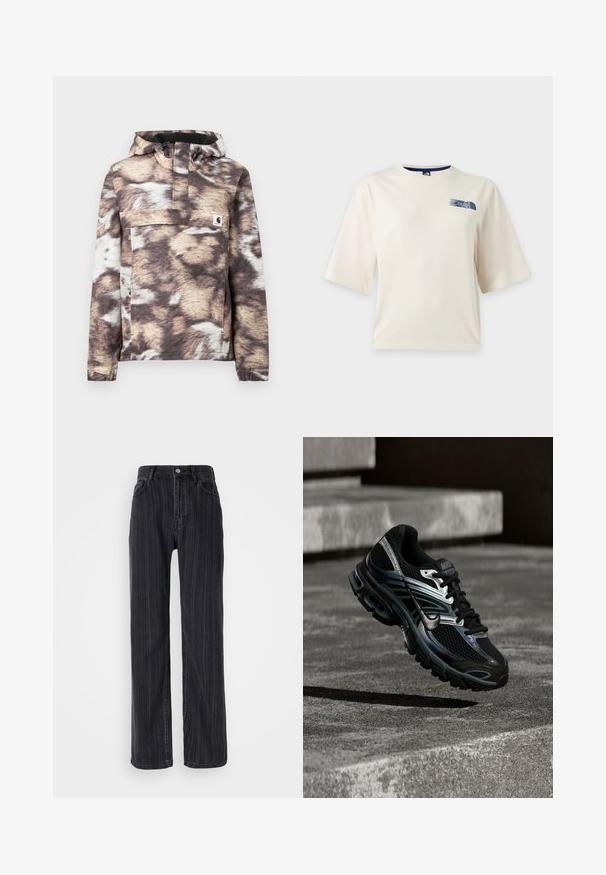 Bruin en beige patroon vest met capuchon, voorzien van een voorkantzak en verstelbare trekkoorden. Zachte textuur en lange mouwen.; Wit T-shirt met korte mouwen met een klein blauw The North Face-logo op de bovenste linkerborst.; Hoge taille zwarte denim jeans met een verticale streepjespatroon, rechte pasvorm en een metalen knoopsluiting aan de voorkant.; Zwart-zilveren Nike hardloopschoen zwevend boven betonnen trappen, met een gedetailleerd ontwerp en een getextureerde zool in een buitenomgeving.