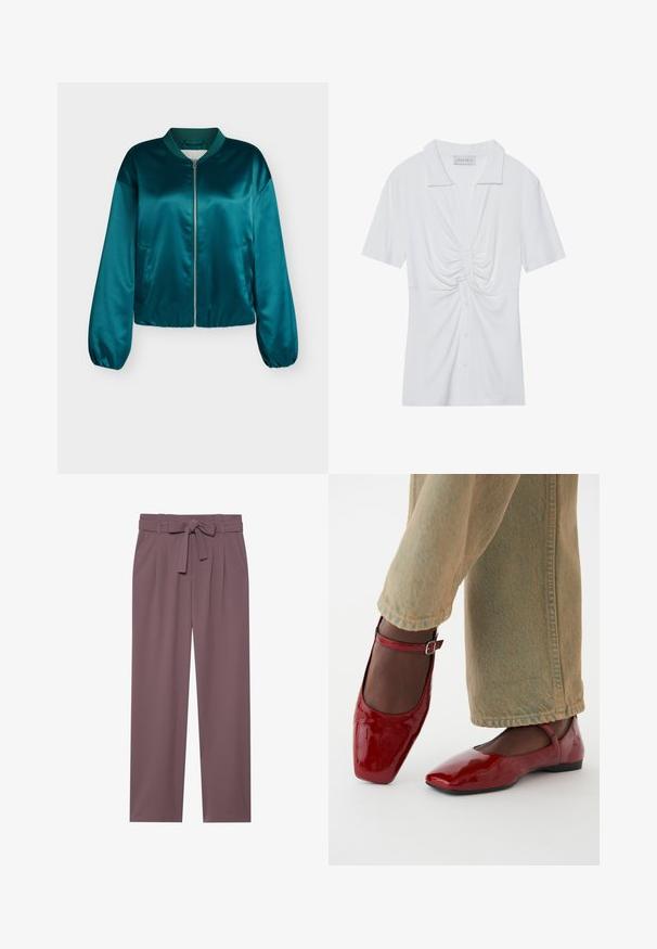 Teal satijnen bomberjack met een rits aan de voorkant, elastische manchetten en zoom. Bevat twee zijzakken en een ronde kraag. Glad oppervlak.; Witte blouse met korte mouwen en kraag, met een gedraaid knooppuntdetail aan de voorkant en een knoopsluiting. Glad ribbeltextuur.; Plumkleurige wijde broek met een ceintuur, geplooid front en een zachte textuur. Beschikt over zijzakken en een op maat gemaakte uitstraling.; Rode lakleren schoenen met een vierkante neus, lage hak en enkelbandje, gecombineerd met lichtgroene wijde jeans. Glad textuur, reflecterend oppervlak.
