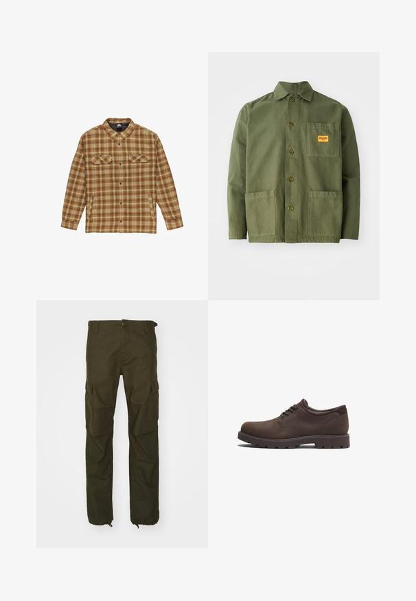 Camisa de manga larga a cuadros marrón y amarilla, con botones en la parte delantera, dos bolsillos en el pecho, confeccionada con una tela suave y de apariencia texturizada.; Chaqueta verde oliva de algodón pesado, con cuello puntiagudo, botones frontales y dos grandes bolsillos de parche. Incluye un pequeño parche con el logo.; Pantalones cargo verde oliva hechos de un tejido duradero, con cierre de botón, múltiples bolsillos laterales y puños elásticos en los tobillos.; Zapatos de cuero marrón con puntera redondeada y diseño de cordones. Presentan una superficie texturizada y una suela de goma de alta tracción. Logo sutil en el lado.