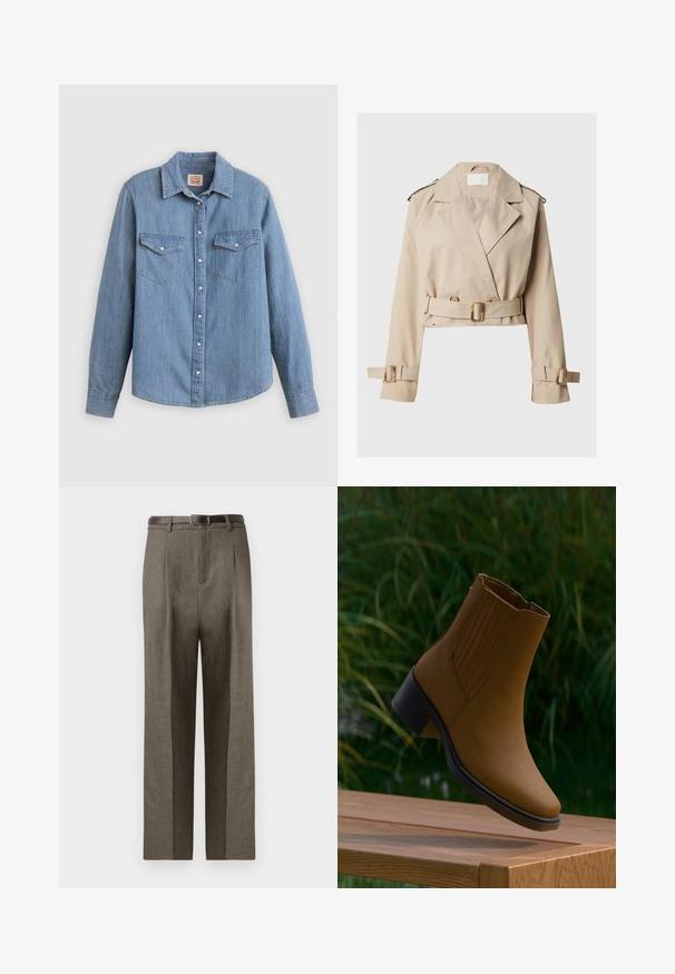 Trench coat de color beige, corto, con amplios solapas, frente de doble botonadura y cintura con cinturón. Diseñado con puños ajustables y detalles de hardware mínimos.; Camisa de mezclilla azul claro con mangas largas, cierre de botones al frente, dos bolsillos en el pecho y cuello clásico. Textura suave y ajuste relajado.; Pantalones marrones a medida con corte recto, que presentan una textura suave, presillas para el cinturón y un diseño de frente plano.; Bota marrón hasta el tobillo con suela negra y paneles laterales elásticos, exhibida sobre una superficie de madera con fondo de follaje verde.