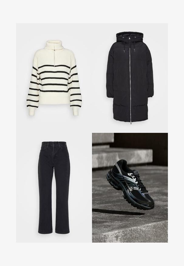 Sort, polstret lang frakke med hætte, fuld frontlynlås, elastiske manchetter og to sidelommer. Glat, letvægtsmateriale.; Strik turtleneck sweater i creme med sorte vandrette striber. Har en halv-lynlås foran og brede, ribbede mansjetter og kant.; Sorte jeans med høj talje og lige ben, med forlommer og bæltestropper på en hvid baggrund.; Sort og sølv Nike løbesko svævende over betontrappe, viser detaljeret design og tekstureret sål i udendørs omgivelser.