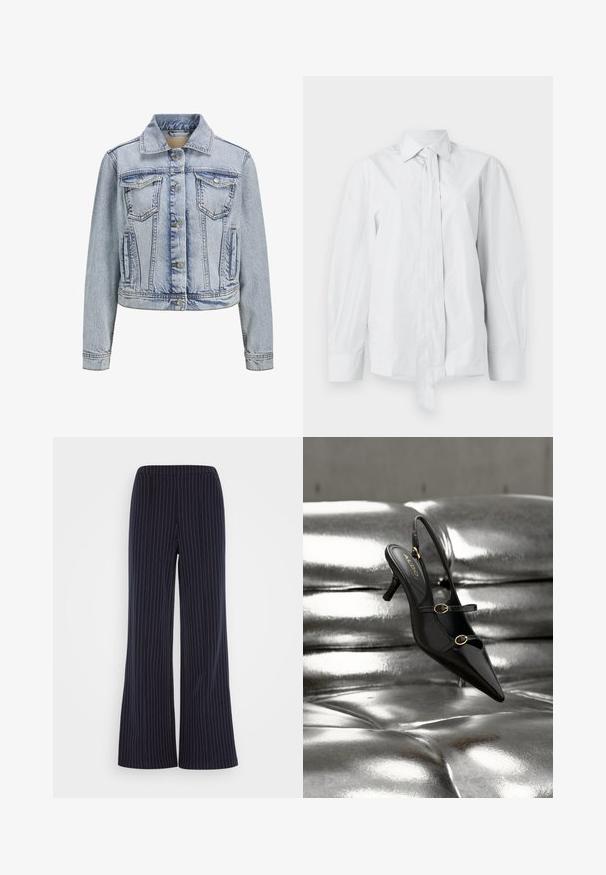 Lys blå denimjakke med krave, knaplukning foran, to brystlommer og en cropped design. Har synlige syninger.; Hvid, langærmet skjorte med klassisk krave og forlænget frontsløjfe. Fremstillet af glat stof, med en afslappet pasform og uden mønstre.; Marineblå vide bukser med lodrette hvide striber, elastisk talje og blød stofstruktur, som giver en afslappet pasform.; Sort spids tå slingback-hæl med to gyldne spænder, der hviler på en blank sølvpolstret overflade.