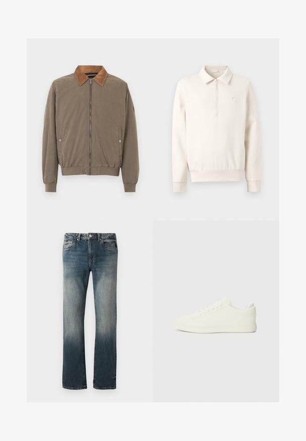 Chaqueta bomber marrón con cuello de pana, cremallera frontal, puños elásticos, dobladillo y dos bolsillos laterales con botón a presión.; Sudadera de color crema con mangas largas, cremallera de cuarto, cuello, puños acanalados y un pequeño logo bordado en el pecho izquierdo.; Jeans de mezclilla azul de corte recto para hombre con lavado desgastado y diseño de cinco bolsillos sobre un fondo blanco.; Zapatillas blancas con parte superior de textura suave, punta redonda y cordones tradicionales, con un diseño minimalista y suela de goma.