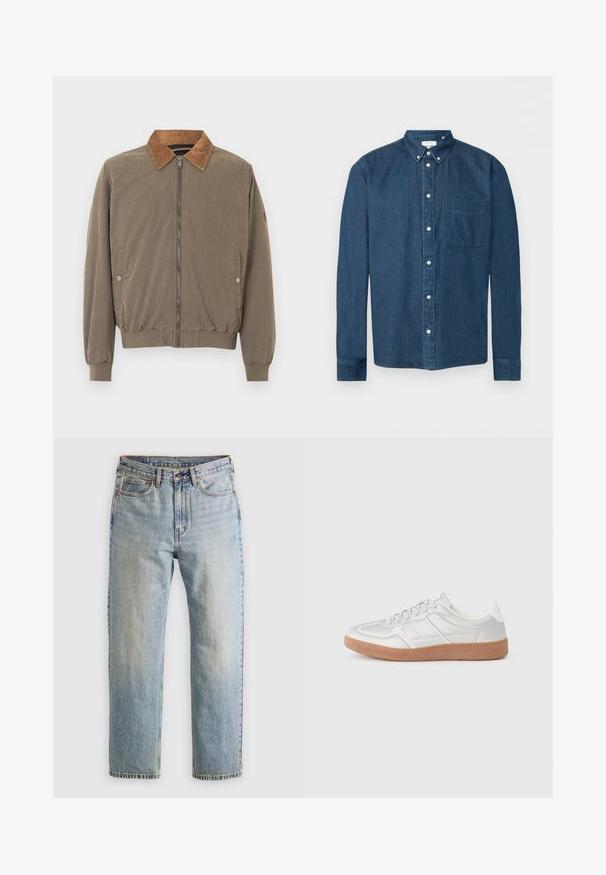 Braune Bomberjacke mit Cordkragen, Frontreißverschluss, elastischen Bündchen, Saum und zwei Druckknopf-Seitentaschen.; Knopfbares dunkelblaues Denim-Hemd mit langen Ärmeln, einer Brusttasche links und einem Button-Down-Kragen, dargestellt vor weißem Hintergrund.; Helle blaue Jeans mit hoher Taille, Frontknopf, Reißverschluss und fünf Taschen-Design, flach auf einem neutralen Hintergrund ausgelegt.; Silberne Sneakers mit glatter Textur, Schnürdesign, durchbrochenen Akzenten und einer strukturierten braunen Gummisohle.