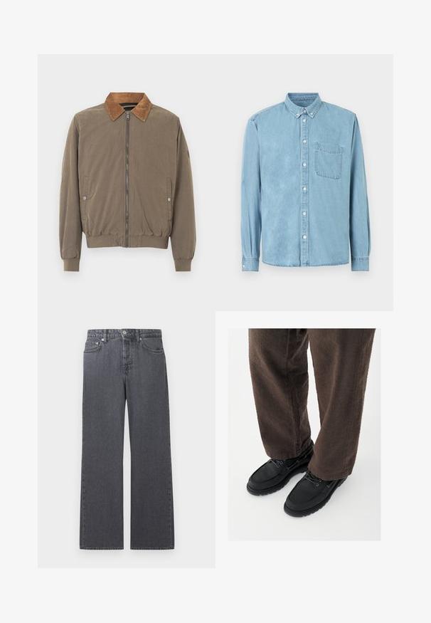 Bruine bomberjack met corduroy kraag, voorrits, elastische manchetten, zoom en twee drukknop zijzakken.; Lichtblauw denim overhemd met lange mouwen, een button-down kraag, een borstzak aan de voorkant en witte knopen middenvoor en op de manchetten.; Donkere grijze denim jeans met rechte pijpen en hoge taille, voorzien van knopen aan de voorkant, rits en een ontwerp met vijf zakken, afgebeeld tegen een witte achtergrond.; Zwarte leren schoenen met een gladde afwerking, ronde neus en vetersluiting, gecombineerd met textuurrijke bruine broek. Vanuit een laag perspectief gezien.