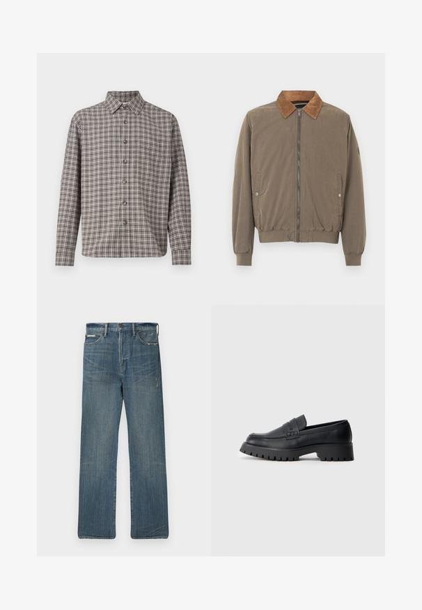 Bruine bomberjack met corduroy kraag, voorrits, elastische manchetten, zoom en twee drukknop zijzakken.; Bruine en crèmekleurige geruite shirt met een button-down kraag, lange mouwen en voorknopen; gemaakt van gemêleerde stof.; Blauwe denim jeans met een losse pasvorm, voorzien van een rechte pijp, versleten details en het klassieke ontwerp met vijf zakken. Mid-rise taille.; Zwarte leren instappers met een ronde neus, voorzien van een decoratieve riem en een stevige rubberen zool met diepe groeven voor grip.