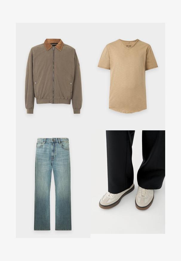 Brun bomberjakke med kordfløjlskrave, frontlynlås, elastiske manchetter, kant og to trykknap-lommer på siden.; Beige kortærmet herret-shirt med V-hals, slank pasform og subtil struktur, vist fladt mod en hvid baggrund.; Lyseblå straight-leg denimjeans med klassisk fem-lomme-design og knappelukning, vist på en ensfarvet hvid baggrund.; Fødder iført beige sneakers med brune såler og sorte bukser med vide ben på hvid baggrund.