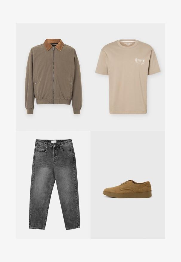 Brun bomberjakke med kordfløjlskrave, frontlynlås, elastiske manchetter, kant og to trykknap-lommer på siden.; Beige kortærmet T-shirt med rund halsudskæring med små insektgrafikker og "Marc O'Polo" logo på venstre bryst.; Sorte vasket straight-leg jeans med for- og baglommer, bæltestropper og knaplukning i taljen.; Brun ruskindslærredsko med snørebånd og flad gummisål, set fra siden på en ensfarvet lys baggrund.