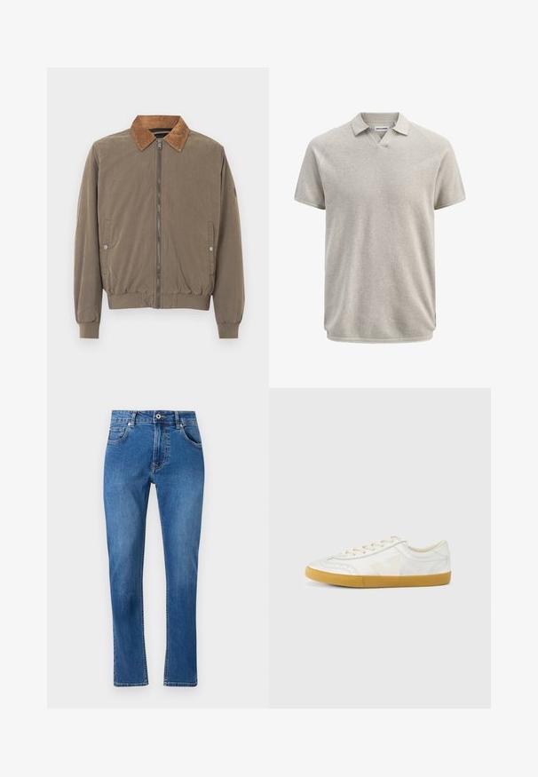 Chaqueta bomber marrón con cuello de pana, cremallera frontal, puños elásticos, dobladillo y dos bolsillos laterales con botón a presión.; Polo de manga corta en beige texturizado, con cuello y ligera apertura en V, de la marca Jack & Jones.; Jeans de mezclilla azul con diseño de pierna recta, cinco bolsillos y detalles de costura visibles. El material muestra un ligero desvanecimiento. Estilo clásico.; Zapatilla deportiva de cuero blanco con textura suave, que presenta un logo 'V' beige, puntera redonda, diseño con cordones y suela de goma color chicle.