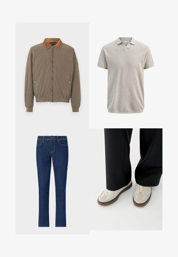 Braune Bomberjacke mit Cordkragen, Frontreißverschluss, elastischen Bündchen, Saum und zwei Druckknopf-Seitentaschen.; Beiges Poloshirt aus strukturierter Baumwolle mit kurzen Ärmeln, Kragen und leichtem V-Ausschnitt, mit dem Etikett Jack & Jones.; Dunkelblaue Denim-Jeans mit einem geraden Bein-Design, das subtile Nähte, fünf Taschen und einen Knopfverschluss an der Taille aufweist.; Füße mit beigen Sneakers mit braunen Sohlen und schwarzen Hosen mit weitem Bein auf weißem Hintergrund.