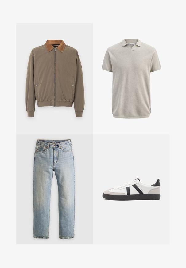 Veste aviateur marron avec col en velours côtelé, fermeture éclair à l'avant, poignets élastiques, ourlet élastiqué et deux poches latérales à boutons-pression.; Polo beige texturé à manches courtes avec col et légère ouverture en V, portant l'étiquette Jack & Jones.; Jean en denim bleu clair à taille haute, avec bouton avant, fermeture éclair et design à cinq poches, posé à plat sur un fond neutre.; Baskets blanches avec des accents noirs et gris, présentant un embout texturé gris, une semelle en caoutchouc noir et des lacets plats blancs. Design épuré, style minimaliste.