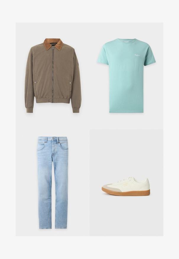 Veste aviateur marron avec col en velours côtelé, fermeture éclair à l'avant, poignets élastiques, ourlet élastiqué et deux poches latérales à boutons-pression.; T-shirt bleu clair à manches courtes et col rond avec un petit logo blanc Pepe Jeans sur la poitrine gauche, présenté sur un fond uni.; Jean denim bleu clair à jambes droites avec poches avant, passants de ceinture et fermeture à boutons sur fond blanc.; Baskets en cuir blanc avec une coque beige et une semelle en caoutchouc marron clair. Dotées de lacets blancs plats et d'un logo embossé sur le côté.