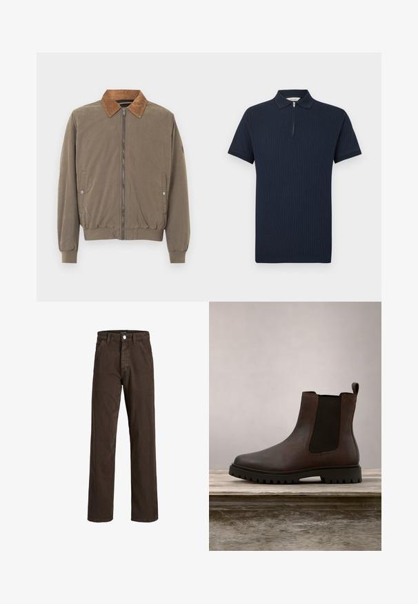 Veste aviateur marron avec col en velours côtelé, fermeture éclair à l'avant, poignets élastiques, ourlet élastiqué et deux poches latérales à boutons-pression.; Polo manches courtes côtelé bleu marine avec col zippé et bords de col et de manches en maille texturée.; Pantalons en coton marron avec une jambe droite, poches avant et fermeture à bouton métallique. Présente une texture lisse et un design minimaliste.; Bottine en cuir marron avec des panneaux latéraux élastiqués, surface texturée, bout arrondi et semelle crantée, sur fond flou de gazon vert.