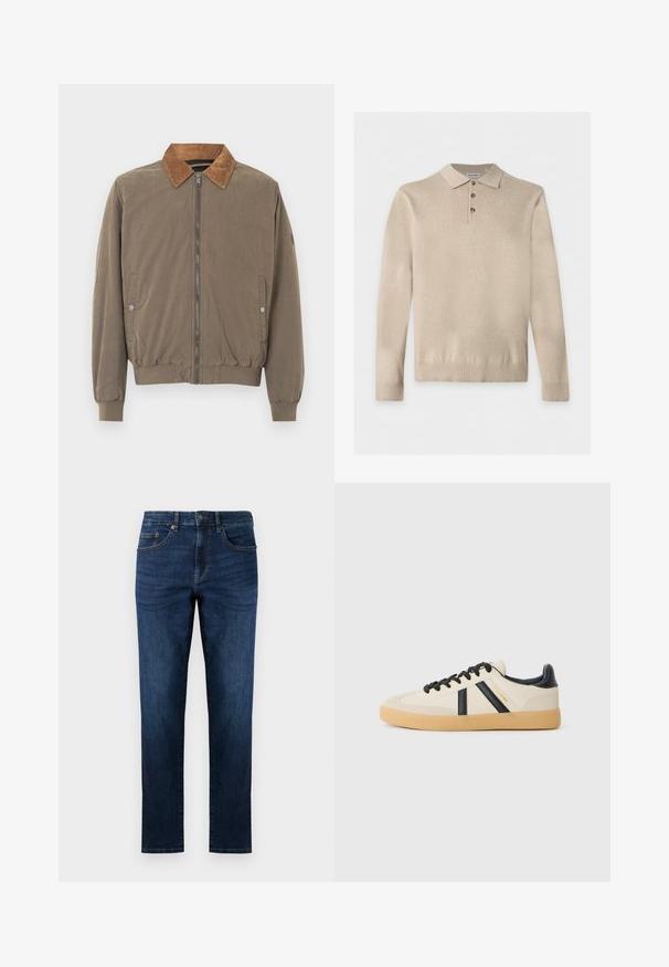 Bruine bomberjack met corduroy kraag, voorrits, elastische manchetten, zoom en twee drukknop zijzakken.; Beige gebreide poloshirt met lange mouwen, drie knopen en geribde boorden en zoom, plat gelegd op een witte achtergrond.; Donkerblauwe denim jeans met een rechte pijpdesign, voorzien van vijf zakken, gestikte details en een klassieke knoopsluiting.; Casual sneakers in crème met zwarte strepen, voorzien van een gestructureerde bovenkant en een gumrubberen zool. Veters zijn zwart. Subtiel logo aan de zijkant.