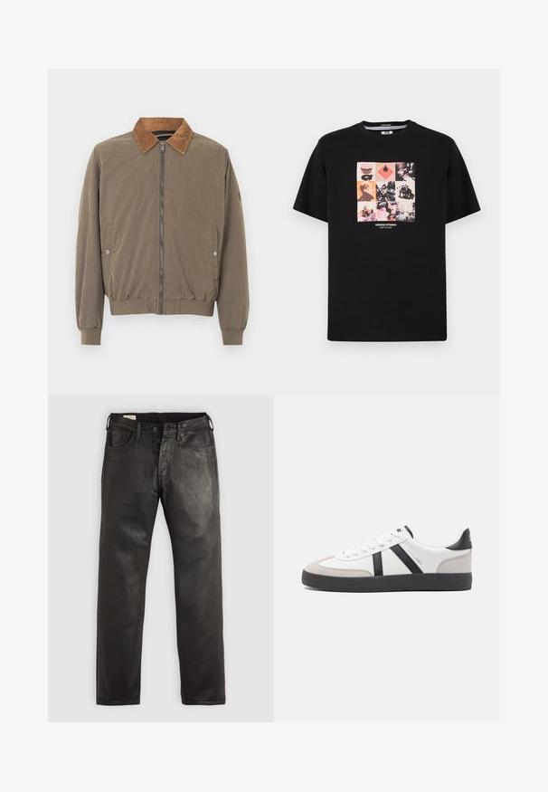 Bruine bomberjack met corduroy kraag, voorrits, elastische manchetten, zoom en twee drukknop zijzakken.; Zwart T-shirt met korte mouwen en een kleurrijke collage van negen panelen met gezichten, figuren, een vlammen symbool en de tekst "WEEKEND OFFENDER ADMIT NOTHING."; Zwarte spijkerbroeken van denim met een rechte snit, voorzien van een knoop- en ritssluiting, vijf zakken en een zachte textuur.; Witte sneaker met zwarte en grijze accenten, voorzien van een grijze neus met textuur, zwarte rubberen zool en platte witte veters. Schoon ontwerp, minimalistische stijl.
