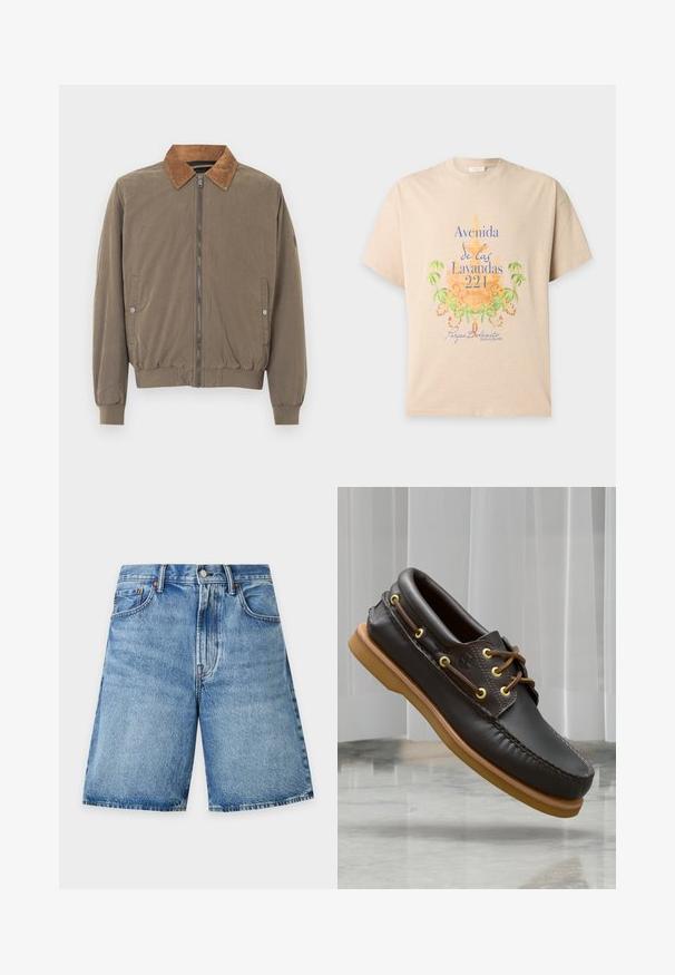 Veste aviateur marron avec col en velours côtelé, fermeture éclair à l'avant, poignets élastiques, ourlet élastiqué et deux poches latérales à boutons-pression.; T-shirt beige à manches courtes avec texte bleu et orange "Avenida de las Lavandas 221" et imprimé botanique vert sur le devant.; Short en denim bleu avec poches avant, passants de ceinture, fermeture par bouton et détails délavés sur fond clair uni.; Chaussures de bateau en cuir marron avec un design rembourré, œillets jaunes, lacets marron et semelle en caoutchouc tan ; elles présentent des détails de couture complexes.