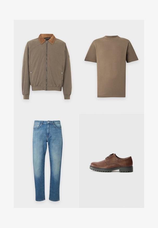 Veste aviateur marron avec col en velours côtelé, fermeture éclair à l'avant, poignets élastiques, ourlet élastiqué et deux poches latérales à boutons-pression.; T-shirt en coton marron à manches courtes, col rond et coupe droite. Texture lisse, coutures minimales et pas de logos visibles.; Jean en denim bleu avec une coupe droite slim, style cinq poches, fermeture par bouton, et détails délavés sur les cuisses et les genoux.; Chaussure oxford en cuir marron avec une texture lisse, bout rond et semelle extérieure en caoutchouc noir avec un motif de semelle. Lacets fixés à l'avant.