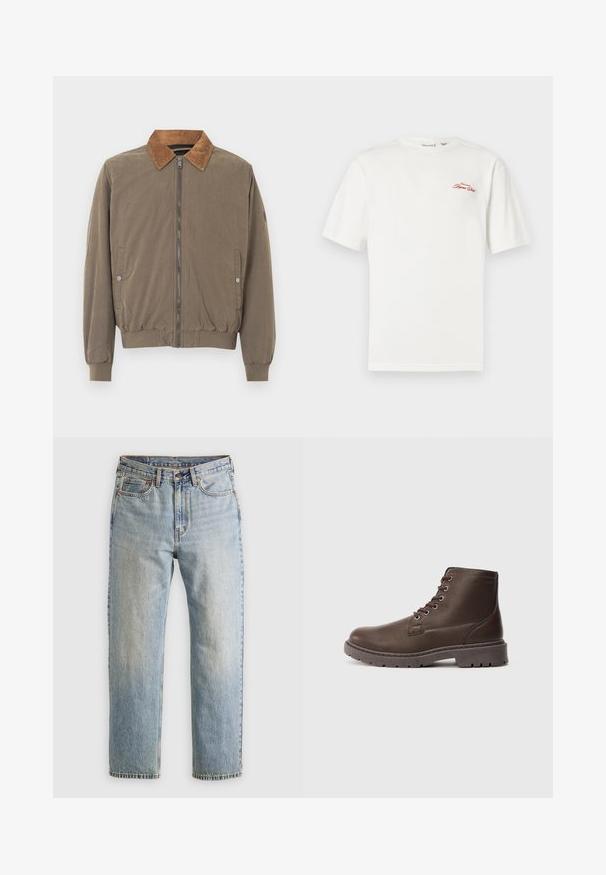 Bruine bomberjack met corduroy kraag, voorrits, elastische manchetten, zoom en twee drukknop zijzakken.; Wit katoenen t-shirt met korte mouwen en een ronde hals. Voorzien van een rood geborduurd logo op de linkerborst.; Lichtblauwe denim jeans met hoge taille, frontknop, rits en vijfzakkenontwerp, plat gelegd op een neutrale achtergrond.; Bruine leren veterschoen tot de enkel met een dikke robuuste zool en metalen oogjes, zijaanzicht op een effen lichtgrijze achtergrond.