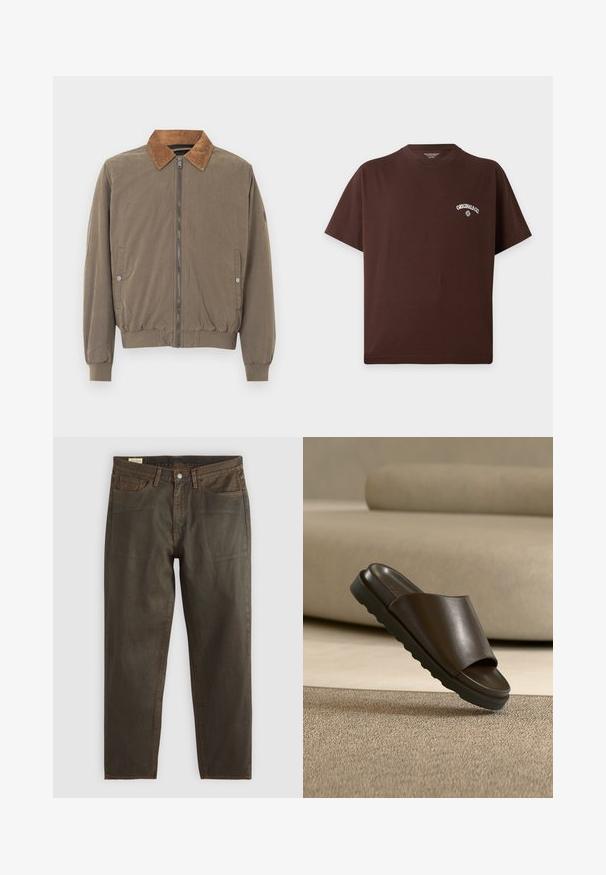 Bruine bomberjack met corduroy kraag, voorrits, elastische manchetten, zoom en twee drukknop zijzakken.; Bruine T-shirt met korte mouwen, een ronde hals en witte "Originals Co." tekst en klein logo op de linkerborst.; Donkergroene denim jeans met een rechte snit, voorzien van koperen stiksels, een klassiek vijfzakdesign en een knoopsluiting.; Donkerbruine leren slidesandaal met dikke zool op een beige tapijt voor een gebogen beige bank.