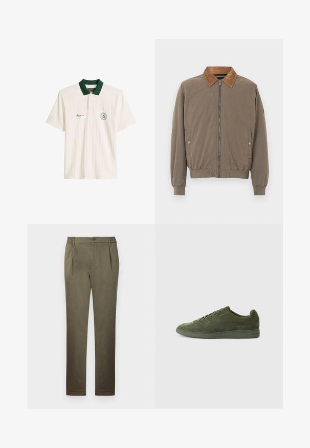 Veste aviateur marron avec col en velours côtelé, fermeture éclair à l'avant, poignets élastiques, ourlet élastiqué et deux poches latérales à boutons-pression.; Polo blanc à manches courtes avec des rayures verticales, col vert foncé, patte boutonnée et petits logos imprimés sur la poitrine.; Pantalon décontracté pour homme de couleur vert olive avec côtés à taille élastique, fermeture par bouton et poches avant, présenté à plat sur un fond clair.; Baskets en daim vert olive avec une texture lisse, bout rond et système de laçage. Présente un profil bas et des détails de coutures latérales discrets.