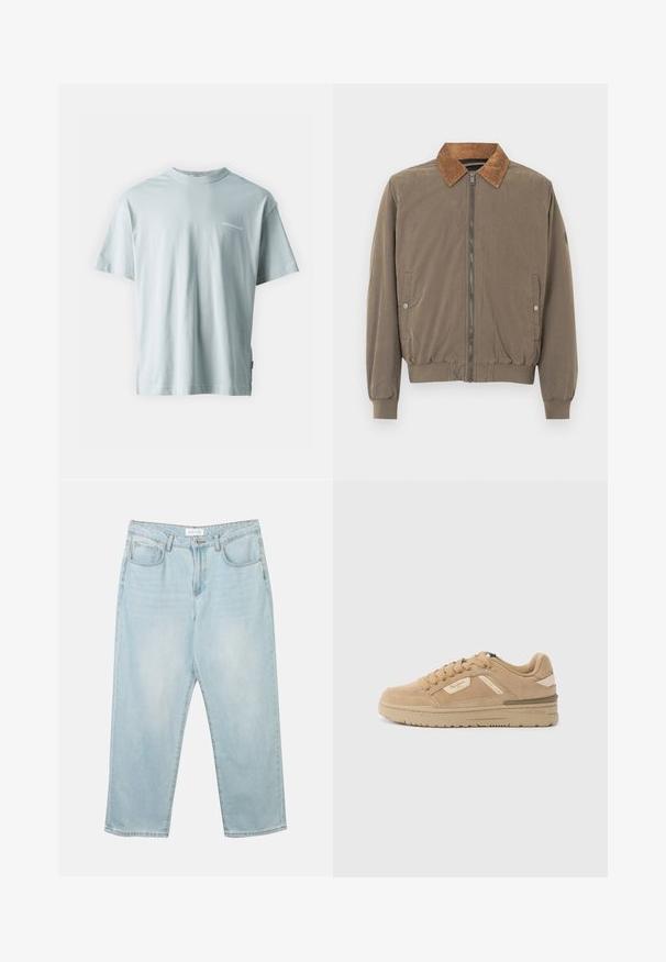 Brown bomber jacket with corduroy collar, front zipper, elastic cuffs, hem, and two snap-button side pockets.; Light blue cotton T-shirt with a crew neckline and short sleeves; features a small white "ORIGINALS" text detail on the front left.; Light blue denim jeans with a relaxed fit, five pockets, a button closure, and subtle fading. The texture is smooth and slightly worn.; Tan suede sneaker with round toe, lace-up front, and padded collar. Features a textured midsole and subtle branding accents on the side.