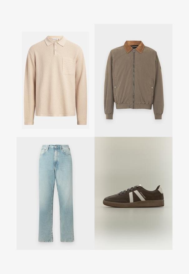 Veste aviateur marron avec col en velours côtelé, fermeture éclair à l'avant, poignets élastiques, ourlet élastiqué et deux poches latérales à boutons-pression.; Polo manches longues beige avec un motif en vague texturé, un col classique, trois boutons et une poche sur le côté gauche de la poitrine.; Jean en denim bleu clair taille haute avec coupe droite. Il présente un design classique à cinq poches et une fermeture éclair avec bouton.; Basket en daim marron avec des bandes blanches, un renfort de talon blanc, une semelle gomme et le texte "JACK & JONES" sur le côté, présentée de profil sur un fond uni.