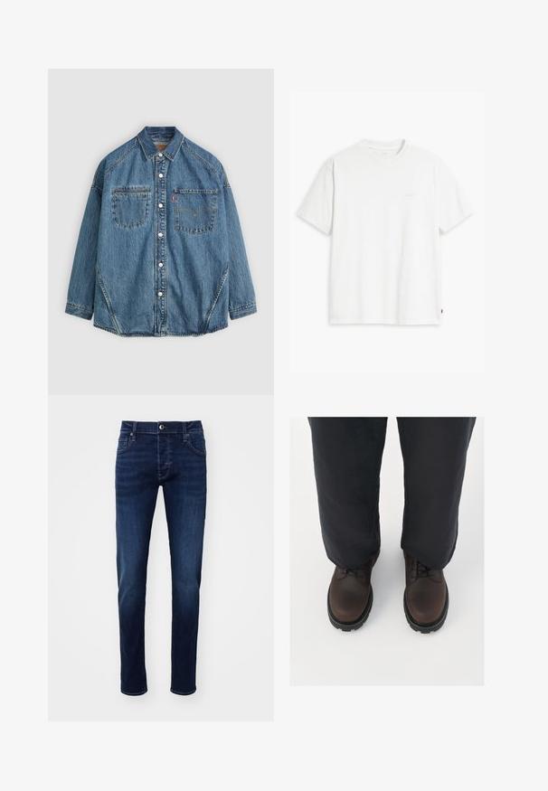 Jeanshemd mit hellblauem Stoff, zwei Brusttaschen, weißen Knöpfen und kontrastierendem Stich entlang der Nähte für zusätzliche Details.; Weißes Baumwoll-T-Shirt mit kurzen Ärmeln, rundem Ausschnitt und einem dezenten "Levi's"-Logo in heller Farbe auf der Vorderseite.; Dunkelblaue Slim-Fit Denim-Jeans mit Knopf vorne, Taschen, Gürtelschlaufen und dezenten Ausbleichungen an den Beinen.; Braune Leder-Schnürschuhe mit runder Zehenform, schwarzer Gummisohle und strukturierten Details, kombiniert mit locker sitzenden dunklen Hosen.