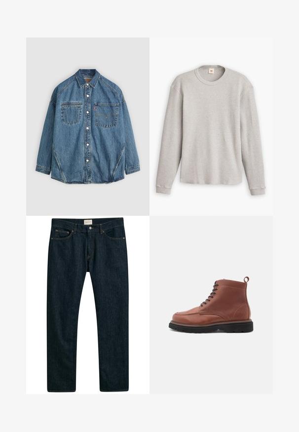 Denim košeľa s gombíkmi vyrobená z svetlomodrej tkaniny, s dvoma vreckami na hrudi, bielymi gombíkmi a kontrastným stehovaním pozdĺž švov pre lepší detail.; Sivý pletený sveter s dlhým rukávom, rebrovanou textúrou, okrúhlym výstrihom a rovnými okrajmi. Manžety sú priliehavé a vyrobené z jemného materiálu.; Tmavomodré denimové nohavice so strihom rovného nohu, päť vrecami a kontrastným prešívaním na švoch. Hladká textúra látky.; Hnedé kožené kotníkové čižmy s okrúhlou špičkou, šnurovaním vpredu a textúrovaným povrchom, vybavené pútkom a robustnou čiernou podrážkou.