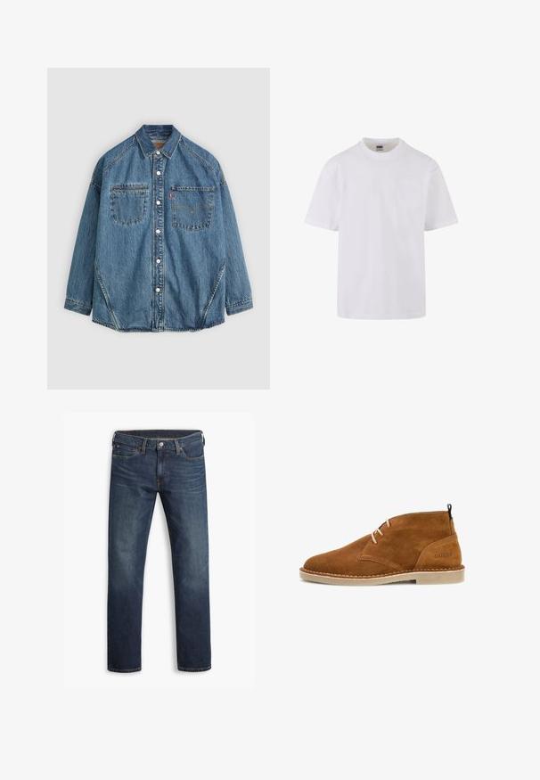 Jeanshemd mit hellblauem Stoff, zwei Brusttaschen, weißen Knöpfen und kontrastierendem Stich entlang der Nähte für zusätzliche Details.; Weißes T-Shirt mit kurzen Ärmeln aus Baumwolle, mit Rundhalsausschnitt und einer kleinen Tasche auf der linken Brustseite.; Dunkelblaue Herren-Jeans mit geradem Bein, fünf Taschen und Knopfverschluss, flach auf weißem Hintergrund gezeigt.; Brauner Veloursleder-Schnürstiefel mit beiger Sohle und „GUESS“-Logo geprägt nahe der Ferse, seitlich auf weißem Hintergrund gezeigt.