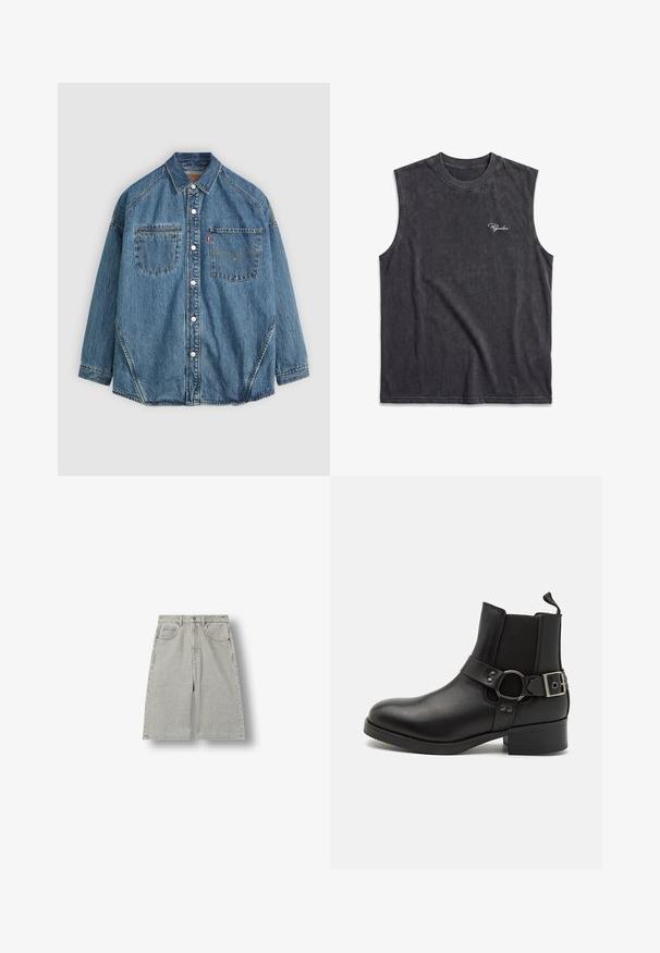 Denim overhemd met knopen in een lichte blauwe stof, twee borstzakken, witte knopen en contrasterend stiksel langs de naden voor extra detail.; Mouwloos zwart gewassen katoenen shirt met ronde hals en klein wit "Pegador"-logo op de linkerborst.; Lichtgrijze denim knielange shorts met voorzakken, riemlussen en een knoopsluiting, plat neergelegd op een witte achtergrond.; Steve Madden ANTONN - Cowboy-/Bikerlaarsjes - black