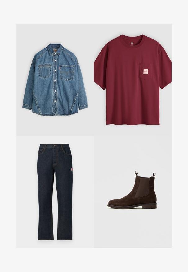Denim košeľa s gombíkmi vyrobená z svetlomodrej tkaniny, s dvoma vreckami na hrudi, bielymi gombíkmi a kontrastným stehovaním pozdĺž švov pre lepší detail.; Bordové tričko s krátkym rukávom a okrúhlym výstrihom s náprsným vreckom, na ktorom je malá biela a červená etiketa, na jednoduchom pozadí.; Tmavomodré džíny s rovnými nohavicami, klasickým päť vreckovým dizajnom, zapínaním na horný gombík a kontrastným oranžovým prešívaním. Červený logo štítok na boku.; Hnedé semišové Chelsea topánky s elastickými bočnými panelmi, slučkovými ťahacími tabmi, zaoblenou špičkou a nízkym zúženým opätkom. Textúrovaný povrch pridáva detail.
