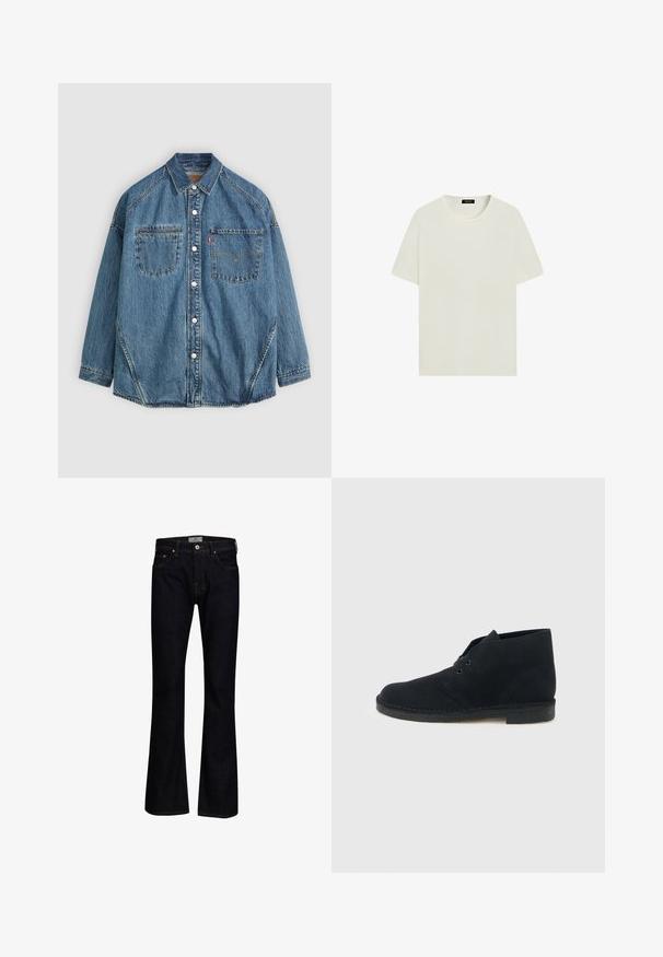 Denim skjorte med knaplukning i lys blå stof, to brystlommer, hvide knapper og kontrastsyninger langs sømmene for ekstra detaljer.; Enkel off-white kortærmet t-shirt med rund hals og et lille sort mærke indvendigt i kraven.; Mørkeblå bukseskær med flared fit lavet af denim med en glat tekstur. Har fem lommer, messingbeslag og kontrastsygning.; Sort ruskind Ørken-støvle til anklen med to snørehuller, syet sål og rund tå på en lysegrå baggrund.