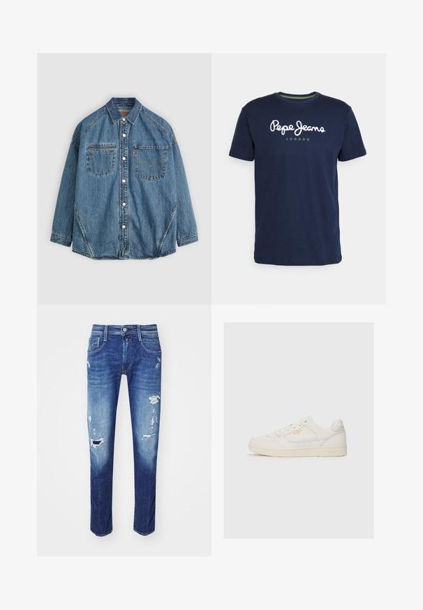 Denim košeľa s gombíkmi vyrobená z svetlomodrej tkaniny, s dvoma vreckami na hrudi, bielymi gombíkmi a kontrastným stehovaním pozdĺž švov pre lepší detail.; Námornícka modrá bavlnená tričko s okrúhlym výstrihom a krátkymi rukávmi. Obsahuje biely nápis "Pepe Jeans" a "LONDON" v zelenej farbe pod ním.; Tmavomodré denimové džínsy s roztrhnutými detailmi, dizajnom s piatimi vreckami a jemným vyblednutím. Rovno strihané s čistým lemom.; Biele kožené tenisky s hladkou textúrou, s perforovanými akcentmi, šnurovaním vpredu a decentným zlatým logom na boku.