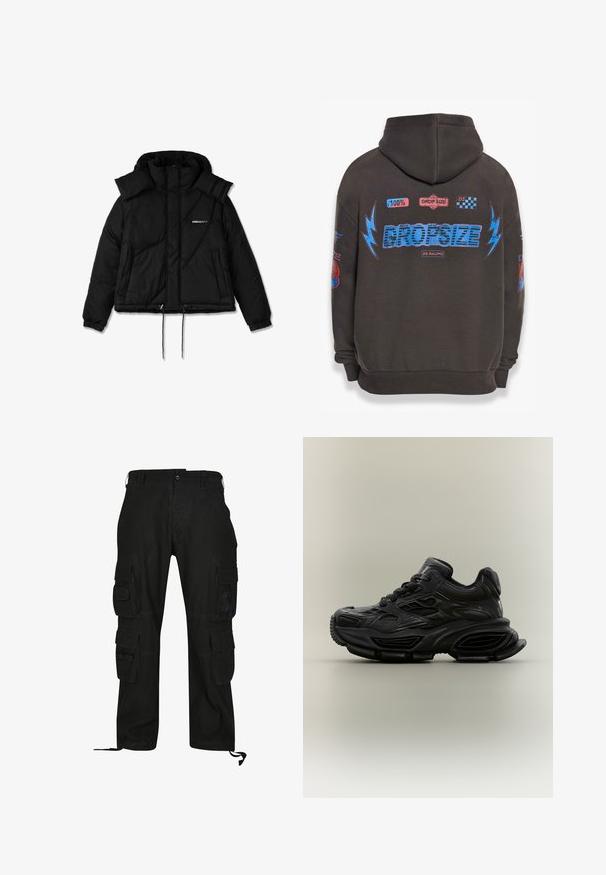 Schwarze isolierte Steppjacke mit hohem Kragen, Frontreißverschluss, Kordelzug am Saum und gepolstertem Design. Mit Logo auf der Brust und gerippten Bündchen.; Dunkelgrauer Hoodie mit großem blauen "DROPSIZE"-Text und bunten Grafiken. Mit Kapuze, gerippten Bündchen und verschiedenen aufgedruckten Patches.; Schwarze Cargo-Hosen aus strapazierfähigem Material, mit mehreren Seitentaschen, lässiger Passform und verstellbaren Fußgelenkriemen.; Schwarzer klobiger Sneaker mit strukturiertem Design, dicker Sohle und Schnürverschluss vor schlichtem neutralem Hintergrund.